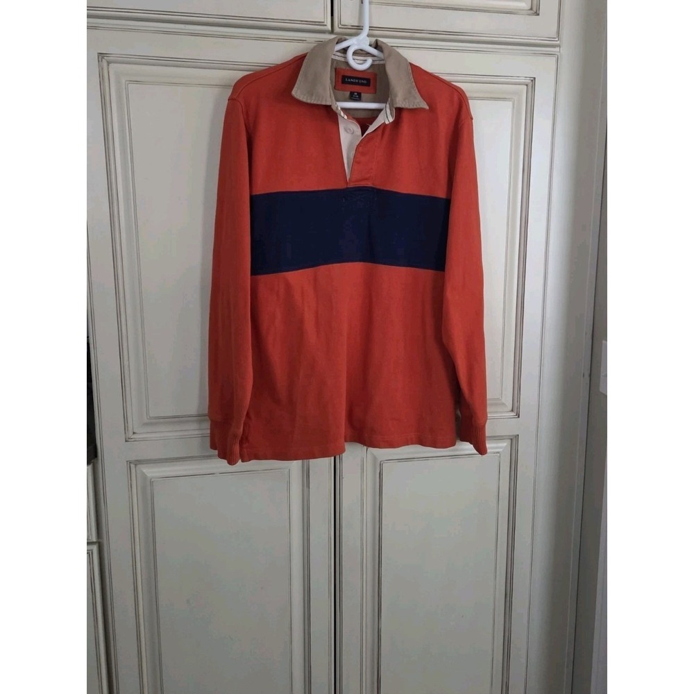 Lands End Rugby Shirt Men's Medium‎ Orange And Navy Preppy Casual